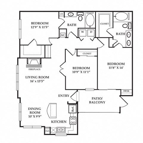 Floor plan for 3 beds, 2 baths, 1348 sqft